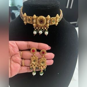 Gold plated green and hot pink necklace